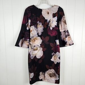 Calvin Klein Dress Knee Floral Bell Sleeve Sheath Black Burgundy Stretch Sz 8